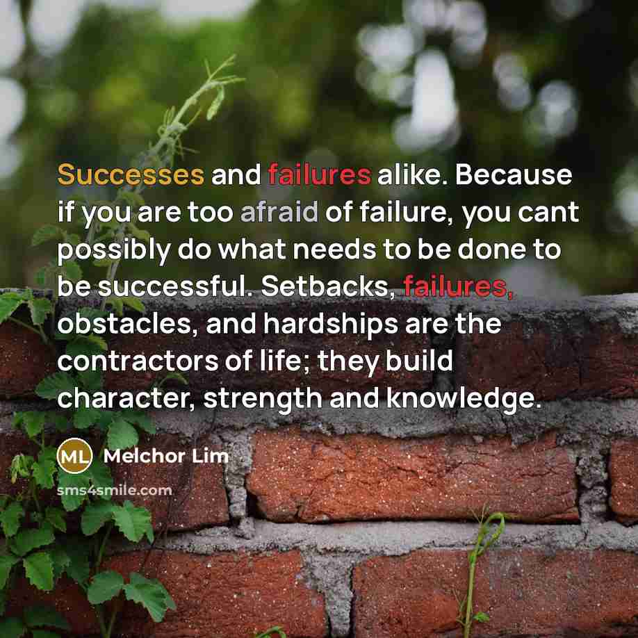 “Successes and failures alike. Because if you are too afraid of failure, you cant possibly do what needs to be done to be successful. Setbacks, failures, obstacles, and hardships are the contractors of life; they build character, strength and knowledge.” quote by Melchor Lim