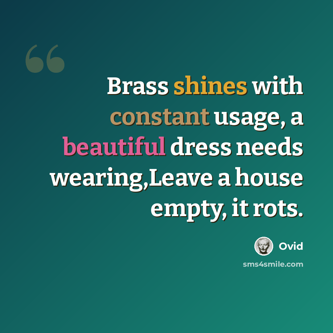 “Brass shines with constant usage, a beautiful dress needs wearing,Leave a house empty, it rots.” quote by Ovid