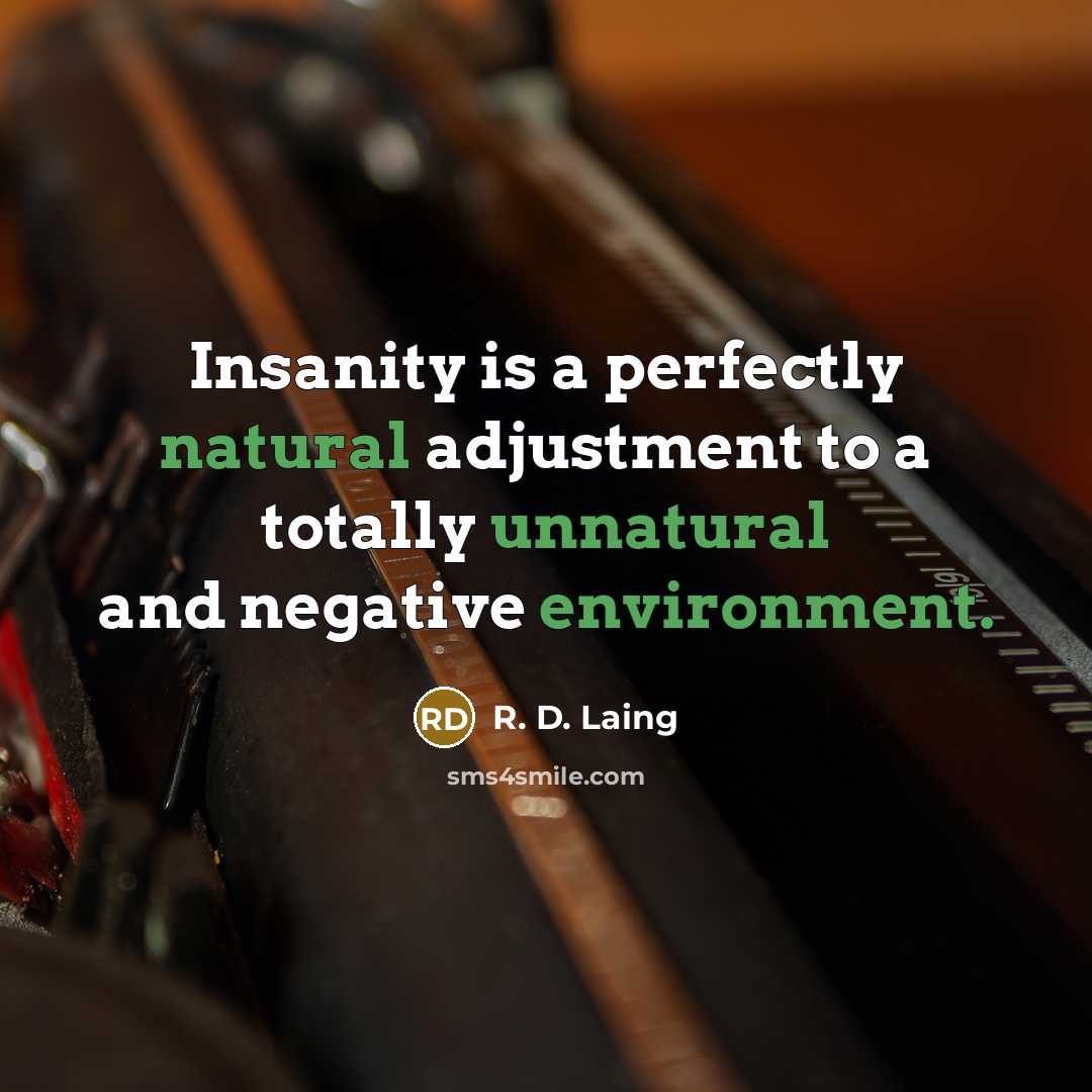 “Insanity is a perfectly natural adjustment to a totally unnatural and negative environment.” quote by R. D. Laing