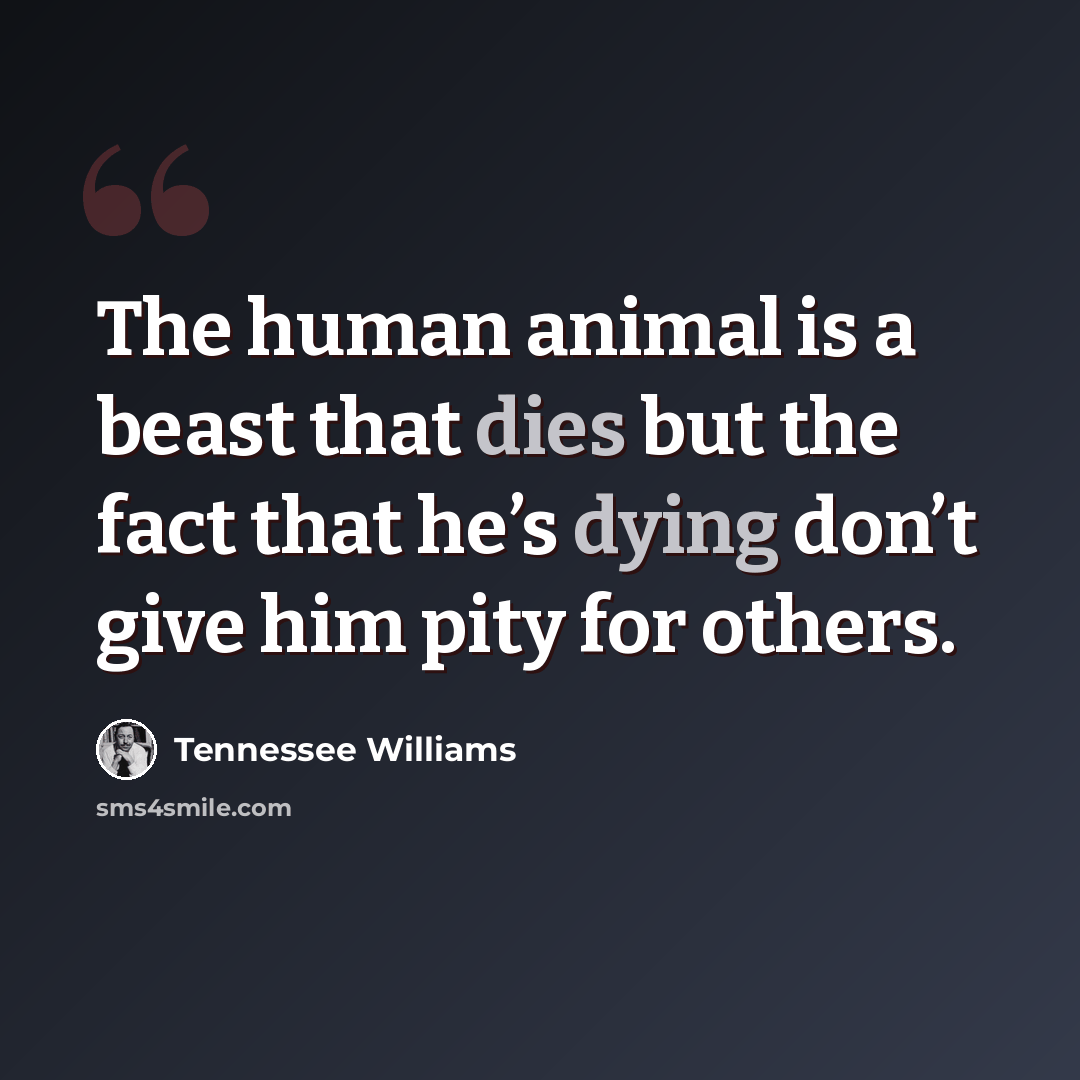 “The human animal is a beast that dies but the fact that he’s dying don’t give him pity for others.” quote by Tennessee Williams