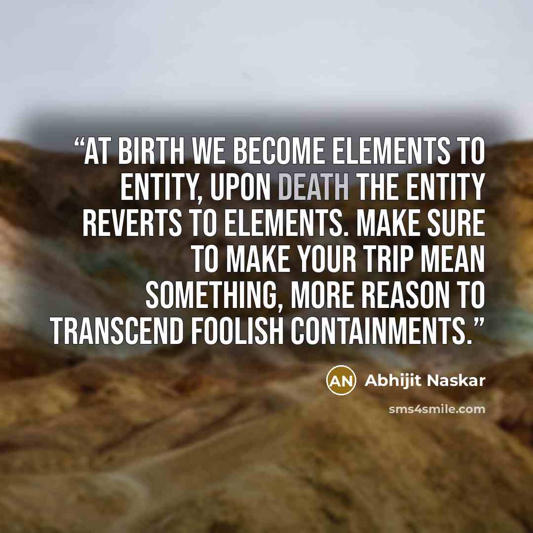 “At birth we become elements to entity, upon death the entity reverts to elements. Make sure to make your trip mean something, more reason to transcend foolish containments.” quote by Abhijit Naskar