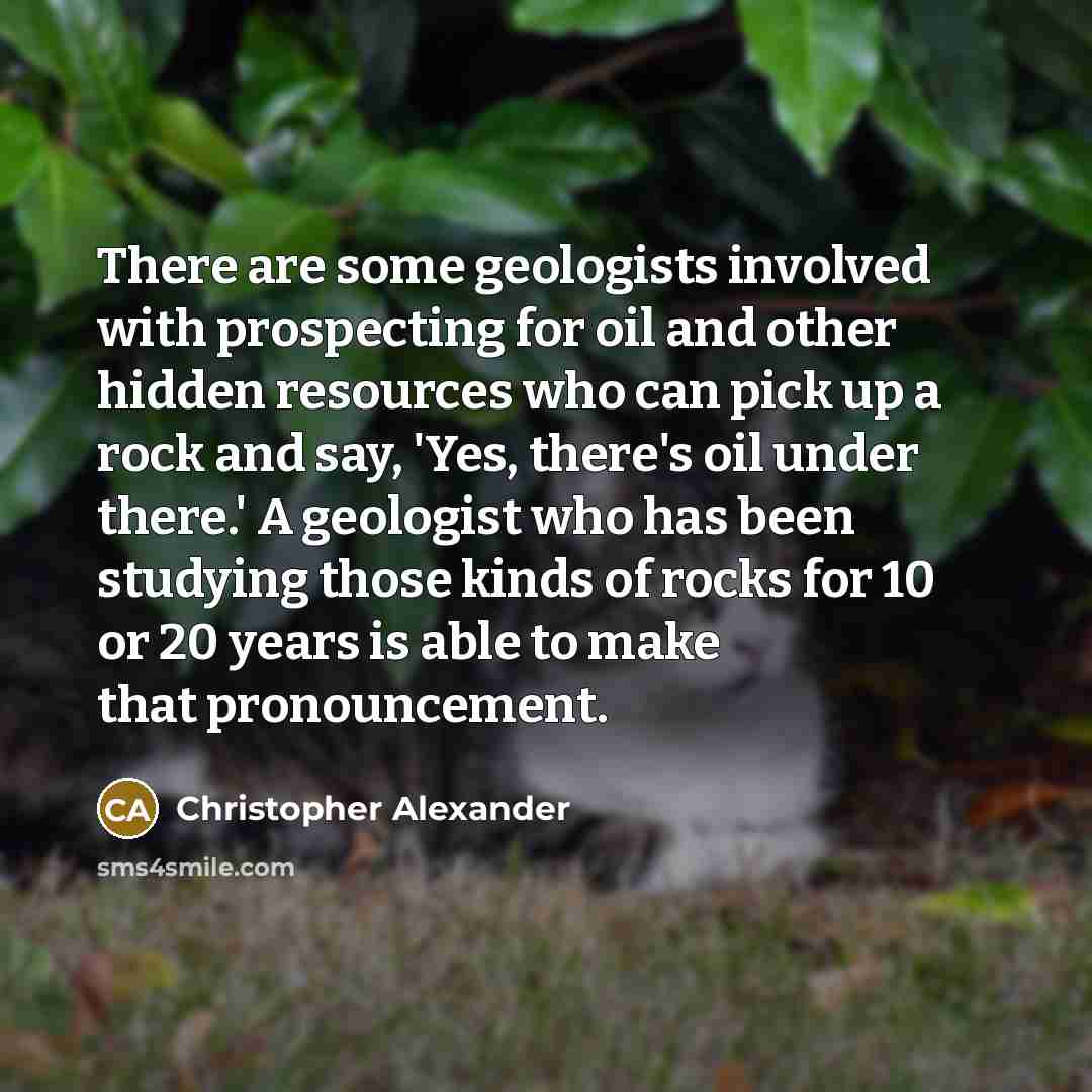 “There are some geologists involved with prospecting for oil and other hidden resources who can pick up a rock and say, 'Yes, there's oil under there.' A geologist who has been studying those kinds of rocks for 10 or 20 years is able to make that pronouncement.” quote by Christopher Alexander