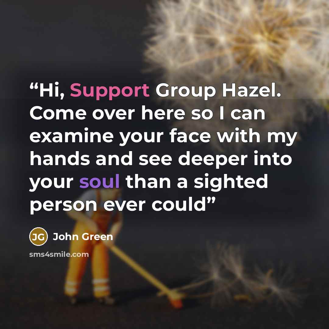 “Hi, Support Group Hazel. Come over here so I can examine your face with my hands and see deeper into your soul than a sighted person ever could” quote by John Green
