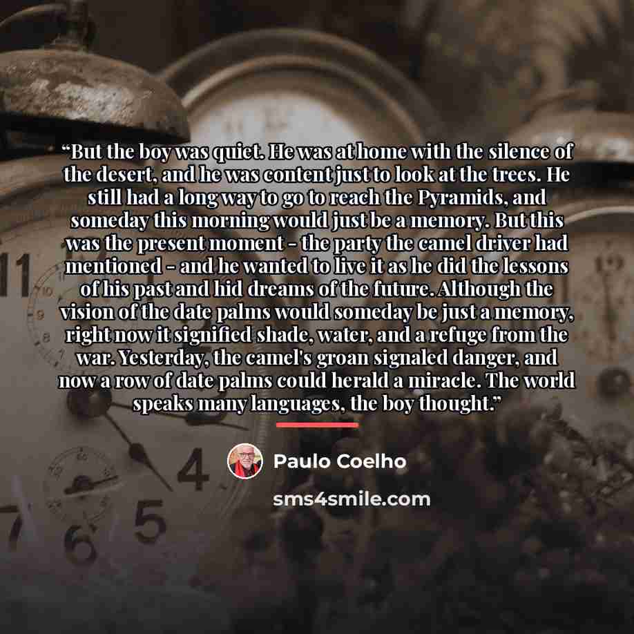 “But the boy was quiet. He was at home with the silence of the desert, and he was content just to look at the trees. He still had a long way to go to reach the Pyramids, and someday this morning would just be a memory. But this was the present moment - the party the camel driver had mentioned - and…” quote by Paulo Coelho
