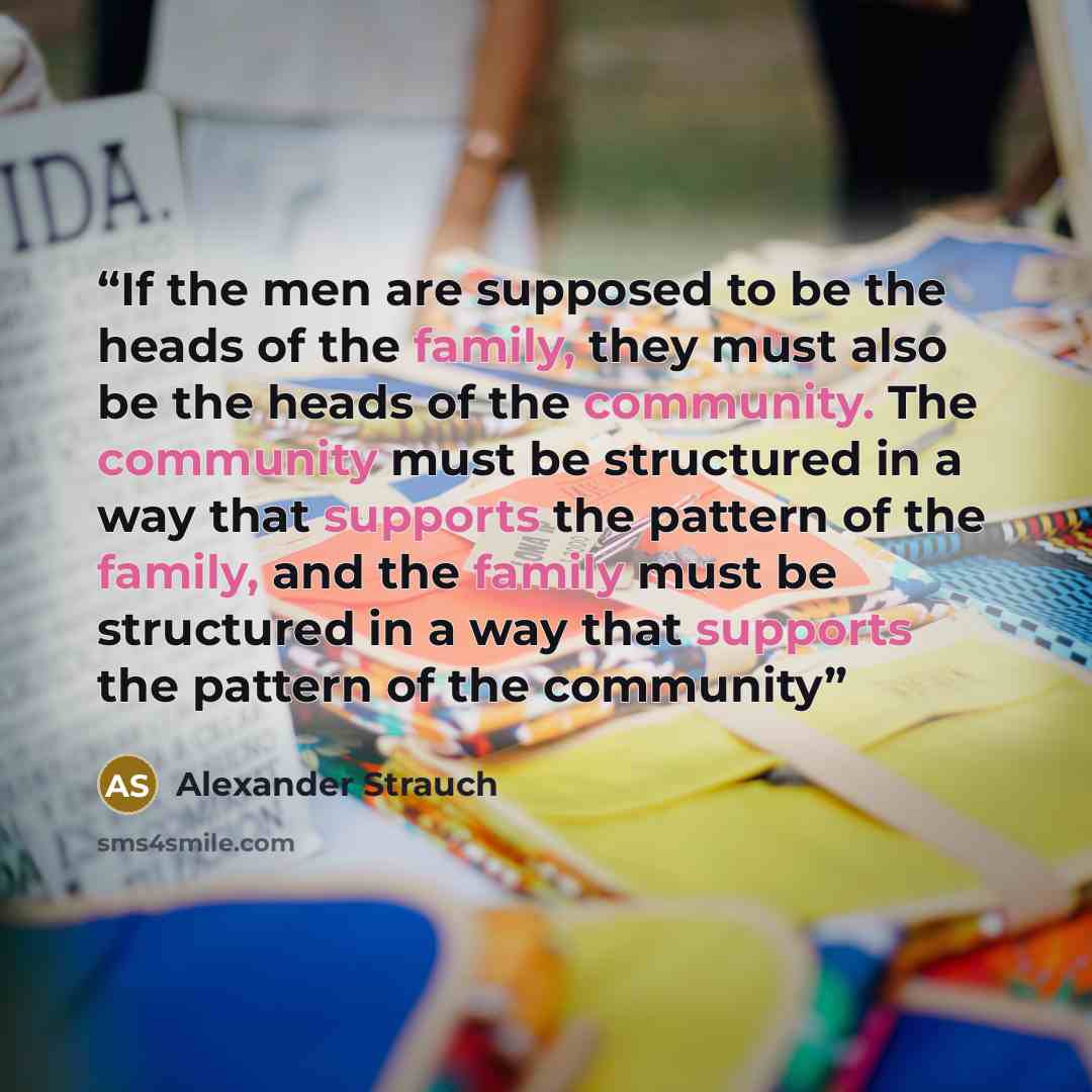 “If the men are supposed to be the heads of the family, they must also be the heads of the community. The community must be structured in a way that supports the pattern of the family, and the family must be structured in a way that supports the pattern of the community” quote by Alexander Strauch