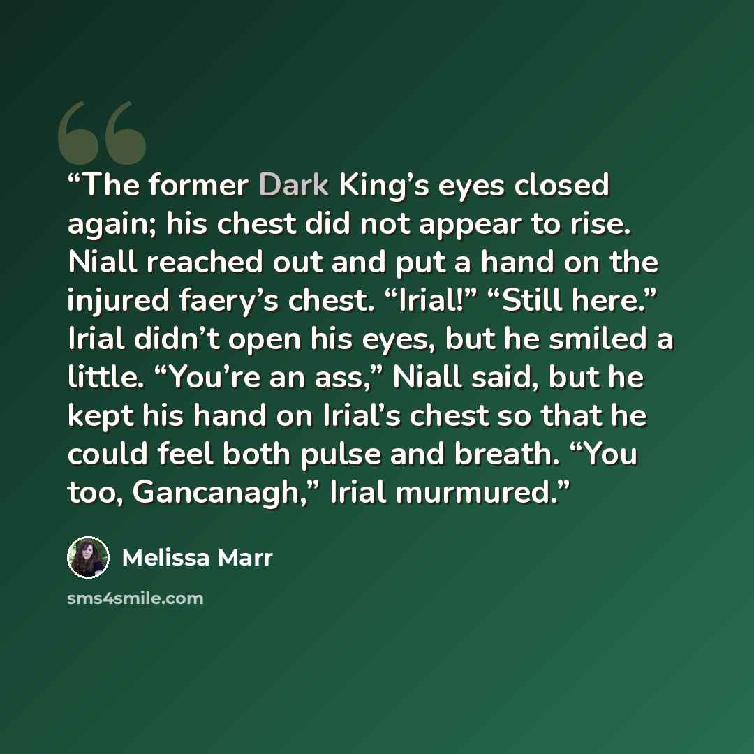 “The former Dark King’s eyes closed again; his chest did not appear to rise. Niall reached out and put a hand on the injured faery’s chest. “Irial!” “Still here.” Irial didn’t open his eyes, but he smiled a little. “You’re an ass,” Niall said, but he kept his hand on Irial’s chest so that he could…” quote by Melissa Marr