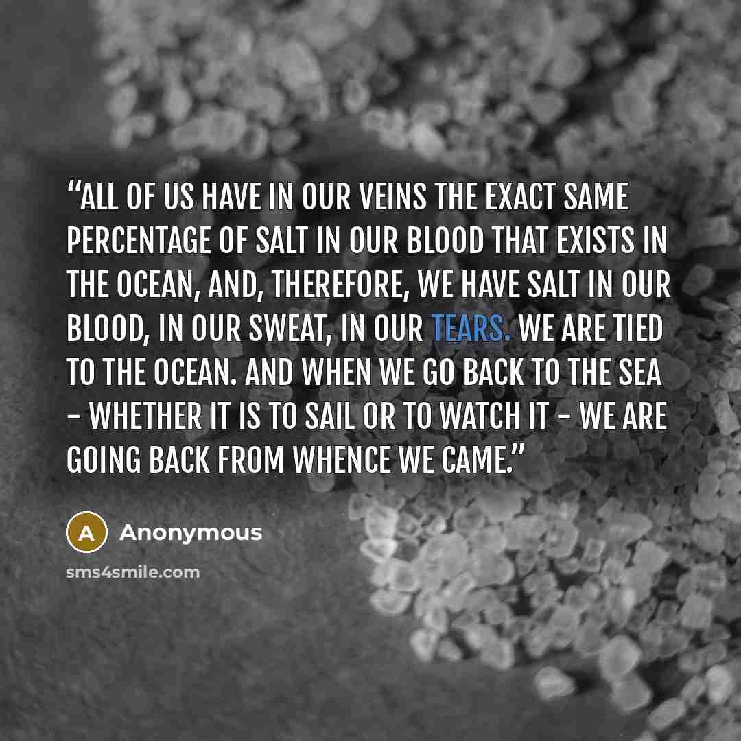 “All of us have in our veins the exact same percentage of salt in our blood that exists in the ocean, and, therefore, we have salt in our blood, in our sweat, in our tears. We are tied to the ocean. And when we go back to the sea - whether it is to sail or to watch it - we are going back from…” quote by Anonymous