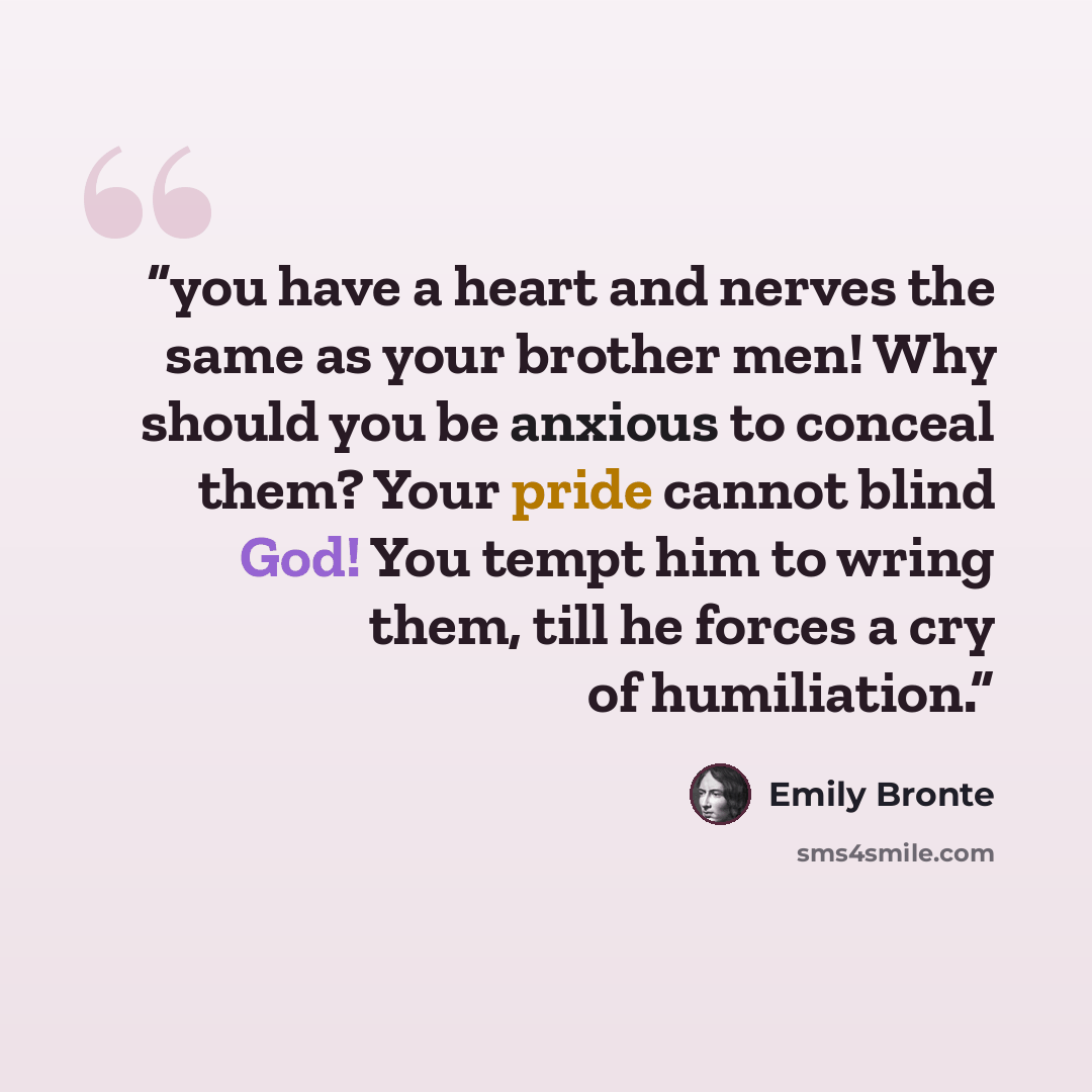 “you have a heart and nerves the same as your brother men! Why should you be anxious to conceal them? Your pride cannot blind God! You tempt him to wring them, till he forces a cry of humiliation.” quote by Emily Brontë