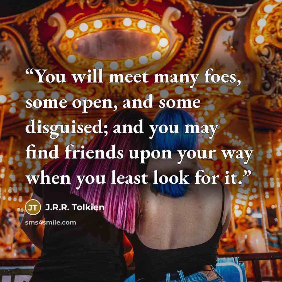 “You will meet many foes, some open, and some disguised; and you may find friends upon your way when you least look for it.” quote by J.R.R. Tolkien