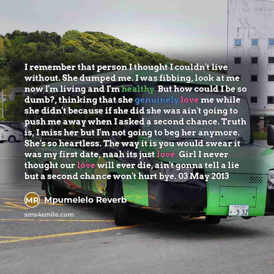 “I remember that person I thought I couldn't live without. She dumped me. I was fibbing, look at me now I'm living and I'm healthy. But how could I be so dumb?, thinking that she genuinely love me while she didn't because if she did she was ain't going to push me away when I asked a second chance…” quote by Mpumelelo Reverb