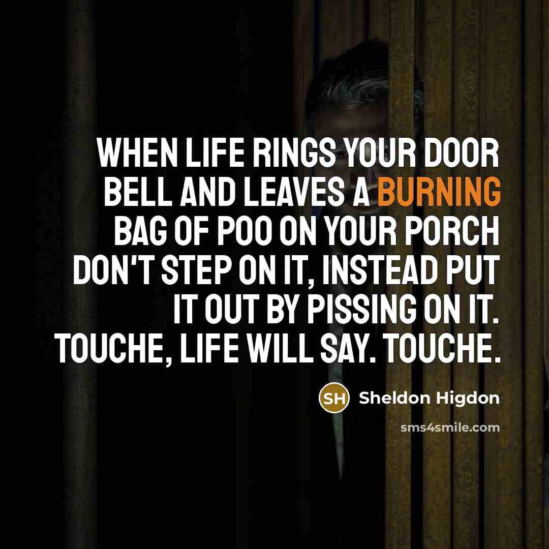 “When Life rings your door bell and leaves a burning bag of poo on your porch don't step on it, instead put it out by pissing on it. Touche, Life will say. Touche.” quote by Sheldon Higdon