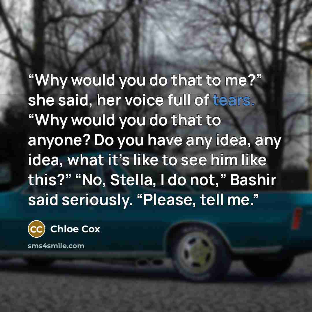 “Why would you do that to me?” she said, her voice full of tears. “Why would you do that to anyone? Do you have any idea, any idea, what it’s like to see him like this?” “No, Stella, I do not,” Bashir said seriously. “Please, tell me.” quote by Chloe Cox
