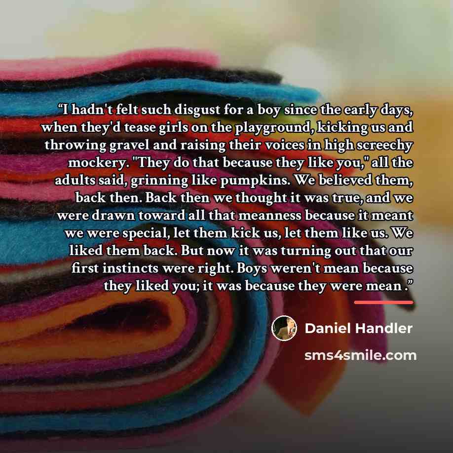 “I hadn't felt such disgust for a boy since the early days, when they'd tease girls on the playground, kicking us and throwing gravel and raising their voices in high screechy mockery. "They do that because they like you," all the adults said, grinning like pumpkins. We believed them, back then…” quote by Daniel Handler