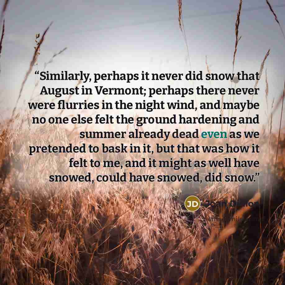 “Similarly, perhaps it never did snow that August in Vermont; perhaps there never were flurries in the night wind, and maybe no one else felt the ground hardening and summer already dead even as we pretended to bask in it, but that was how it felt to me, and it might as well have snowed, could have…” quote by Joan Didion