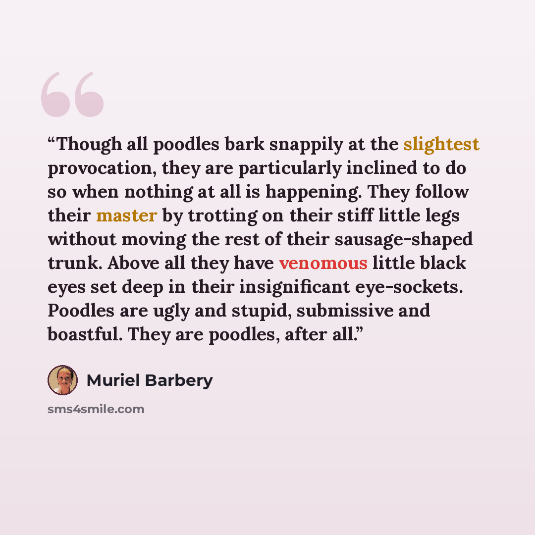 “Though all poodles bark snappily at the slightest provocation, they are particularly inclined to do so when nothing at all is happening. They follow their master by trotting on their stiff little legs without moving the rest of their sausage-shaped trunk. Above all they have venomous little black…” quote by Muriel Barbery