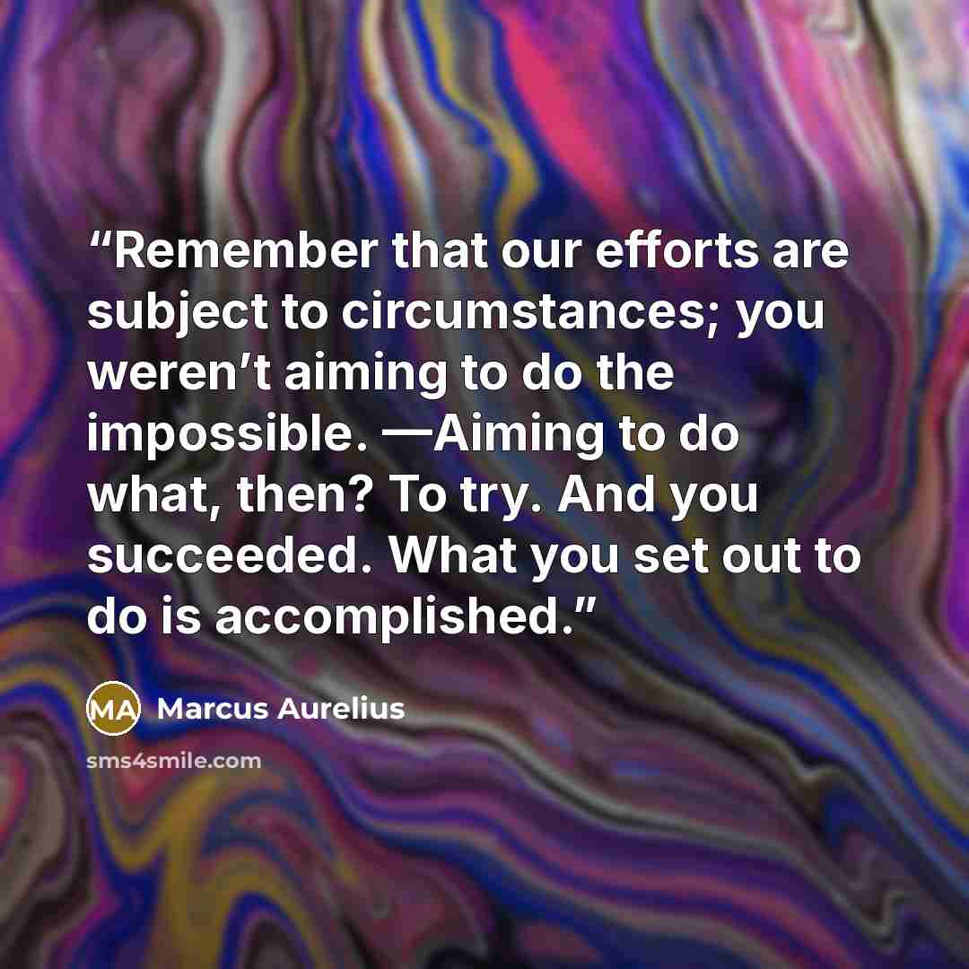 “Remember that our efforts are subject to circumstances; you weren’t aiming to do the impossible. —Aiming to do what, then? To try. And you succeeded. What you set out to do is accomplished.” quote by Marcus Aurelius