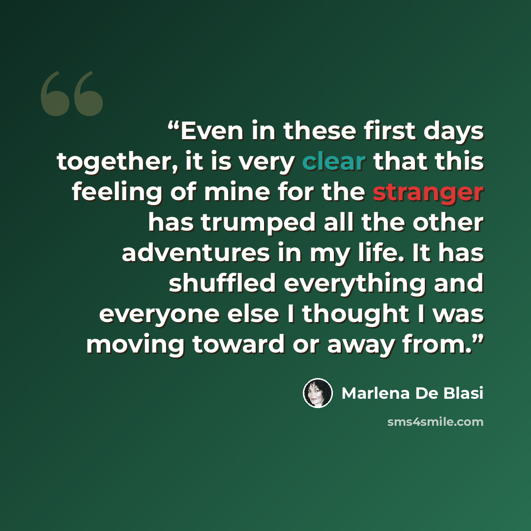 “Even in these first days together, it is very clear that this feeling of mine for the stranger has trumped all the other adventures in my life. It has shuffled everything and everyone else I thought I was moving toward or away from.” quote by Marlena De Blasi