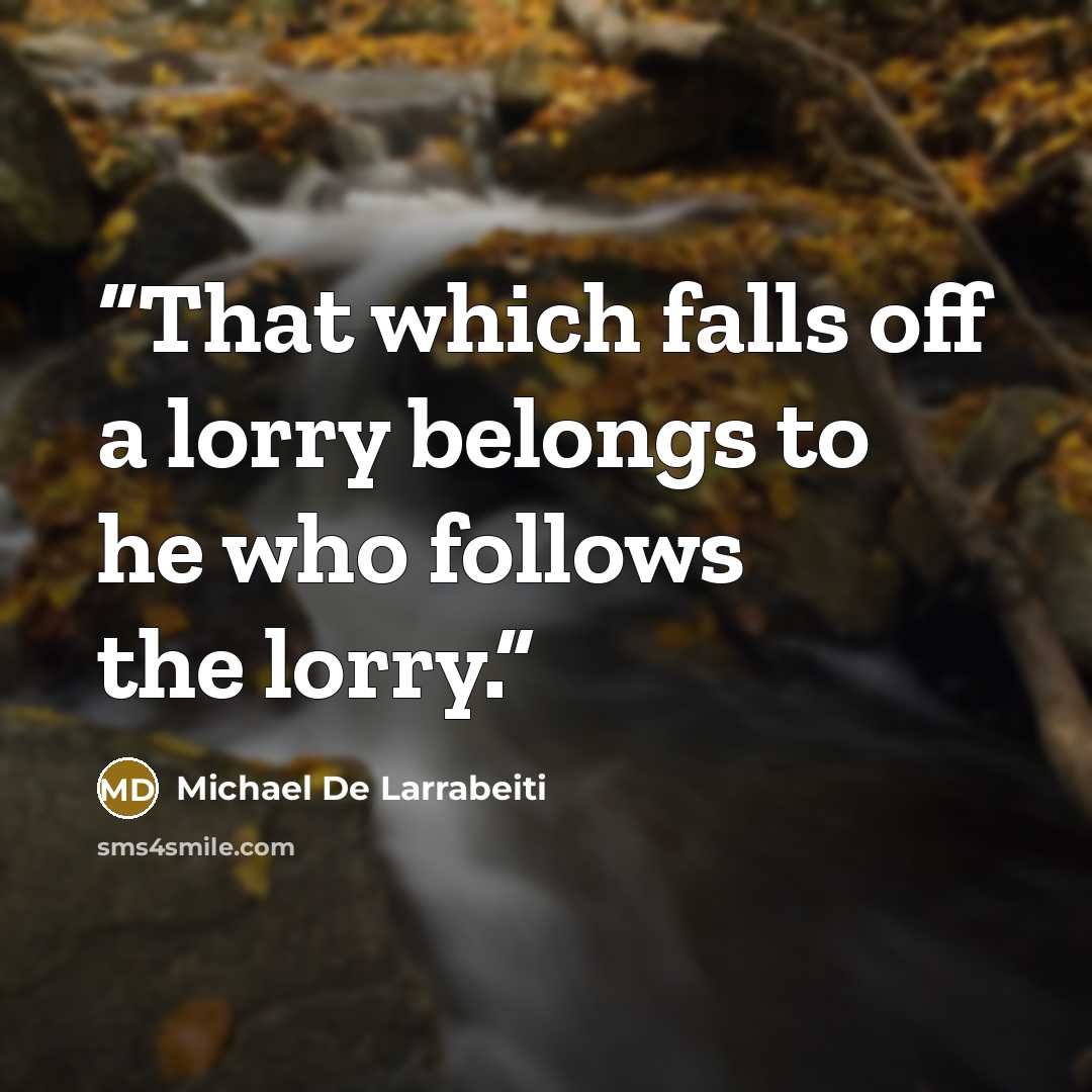“That which falls off a lorry belongs to he who follows the lorry.” quote by Michael De Larrabeiti