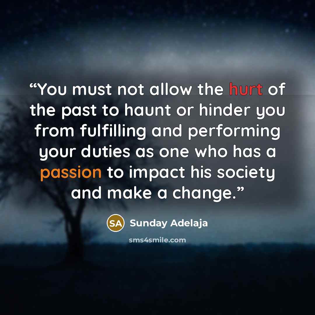 “You must not allow the hurt of the past to haunt or hinder you from fulfilling and performing your duties as one who has a passion to impact his society and make a change.” quote by Sunday Adelaja