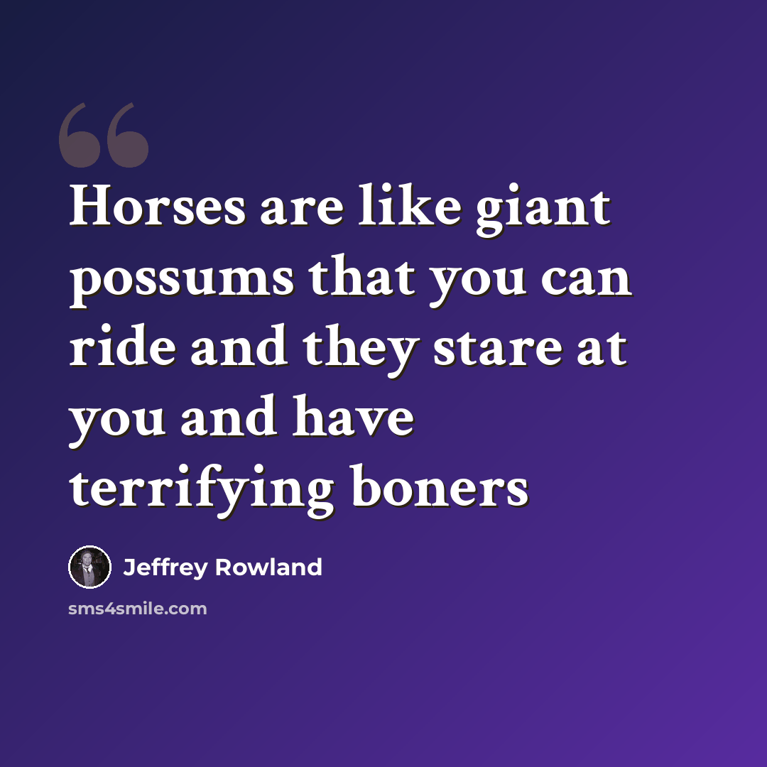“Horses are like giant possums that you can ride and they stare at you and have terrifying boners” quote by Jeffrey Rowland