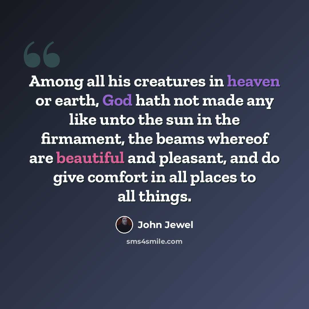 “Among all his creatures in heaven or earth, God hath not made any like unto the sun in the firmament, the beams whereof are beautiful and pleasant, and do give comfort in all places to all things.” quote by John Jewel