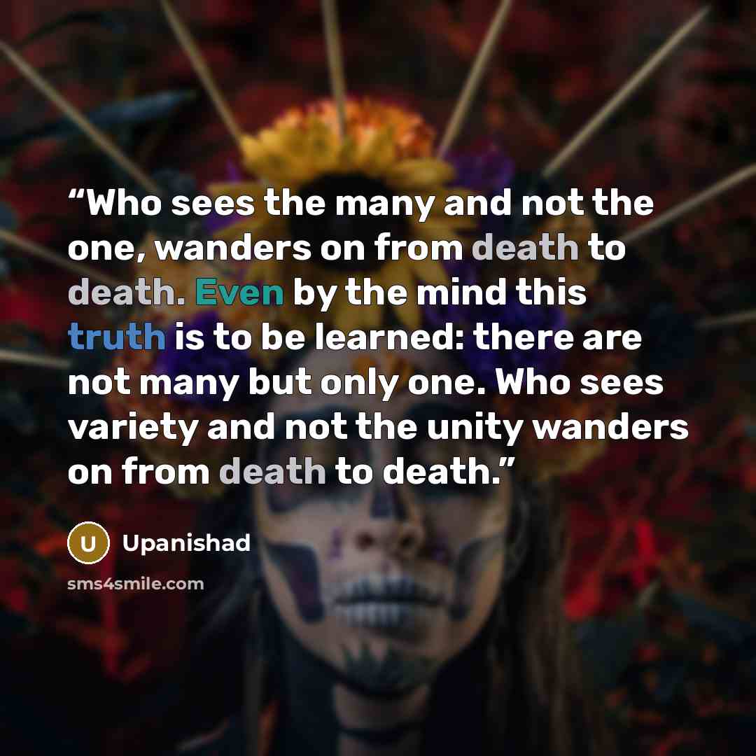 “Who sees the many and not the one, wanders on from death to death. Even by the mind this truth is to be learned: there are not many but only one. Who sees variety and not the unity wanders on from death to death.” quote by Upanishad