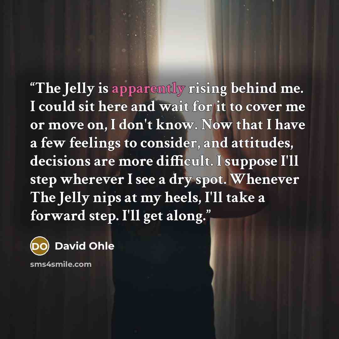 “The Jelly is apparently rising behind me. I could sit here and wait for it to cover me or move on, I don't know. Now that I have a few feelings to consider, and attitudes, decisions are more difficult. I suppose I'll step wherever I see a dry spot. Whenever The Jelly nips at my heels, I'll take a…” quote by David Ohle