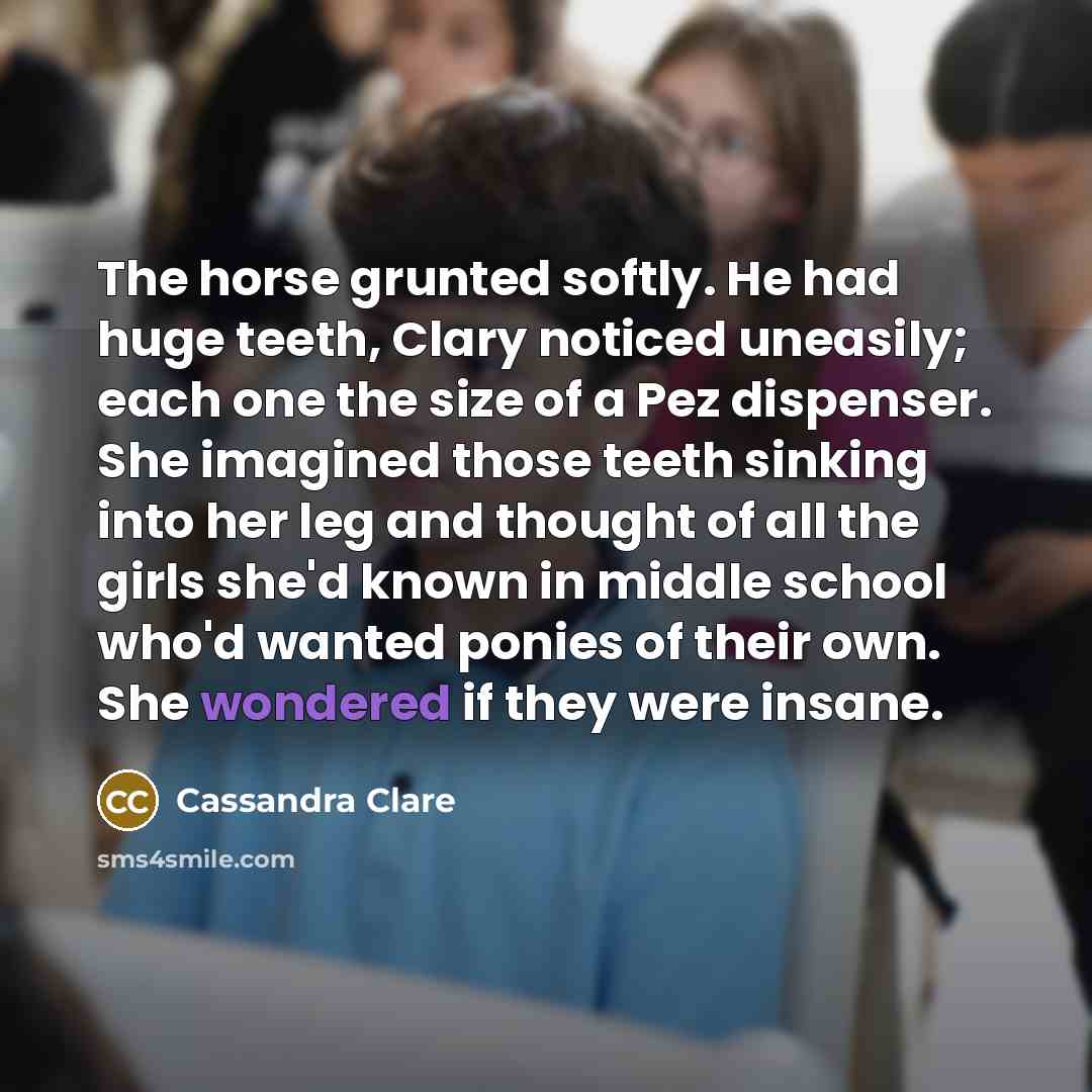 “The horse grunted softly. He had huge teeth, Clary noticed uneasily; each one the size of a Pez dispenser. She imagined those teeth sinking into her leg and thought of all the girls she'd known in middle school who'd wanted ponies of their own. She wondered if they were insane.” quote by Cassandra Clare