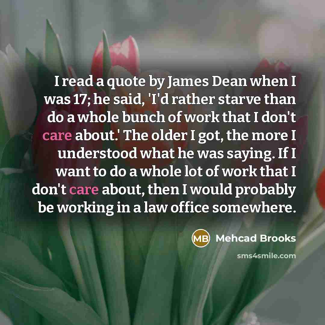 “I read a quote by James Dean when I was 17; he said, 'I'd rather starve than do a whole bunch of work that I don't care about.' The older I got, the more I understood what he was saying. If I want to do a whole lot of work that I don't care about, then I would probably be working in a law office…” quote by Mehcad Brooks