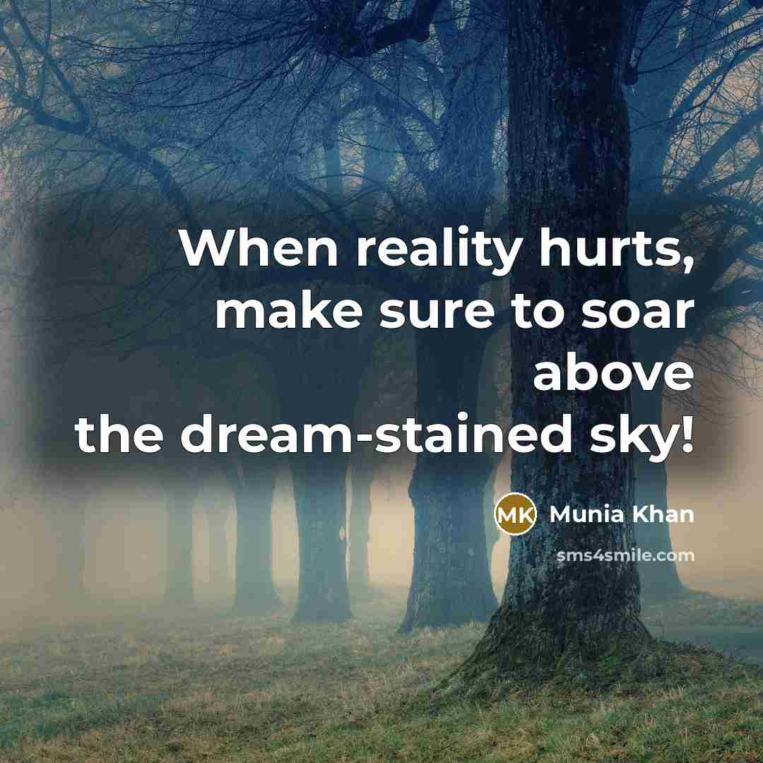 “When reality hurts, make sure to soar above the dream-stained sky!” quote by Munia Khan