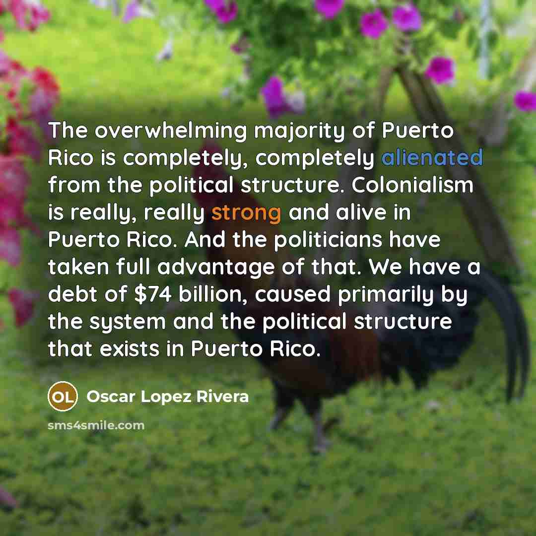 “The overwhelming majority of Puerto Rico is completely, completely alienated from the political structure. Colonialism is really, really strong and alive in Puerto Rico. And the politicians have taken full advantage of that. We have a debt of $74 billion, caused primarily by the system and the…” quote by Oscar Lopez Rivera