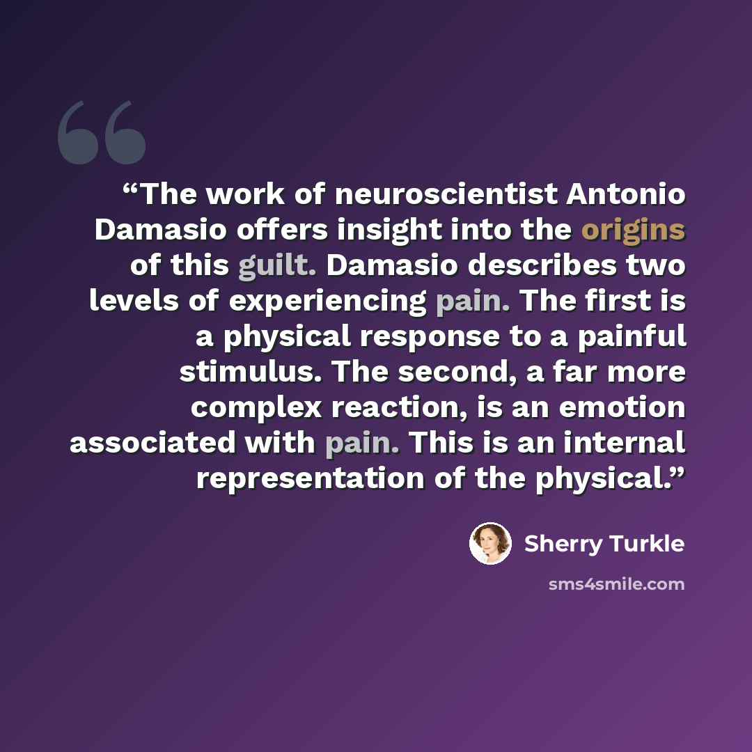“The work of neuroscientist Antonio Damasio offers insight into the origins of this guilt. Damasio describes two levels of experiencing pain. The first is a physical response to a painful stimulus. The second, a far more complex reaction, is an emotion associated with pain. This is an internal…” quote by Sherry Turkle