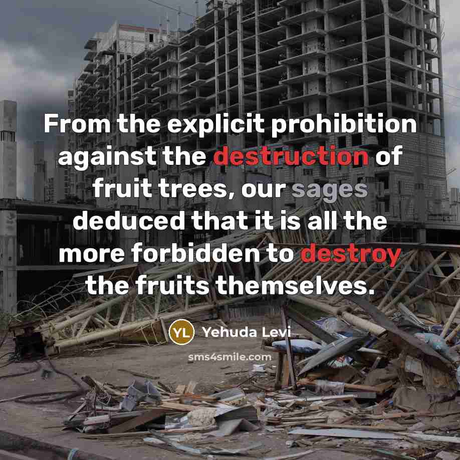 “From the explicit prohibition against the destruction of fruit trees, our sages deduced that it is all the more forbidden to destroy the fruits themselves.” quote by Yehuda Levi
