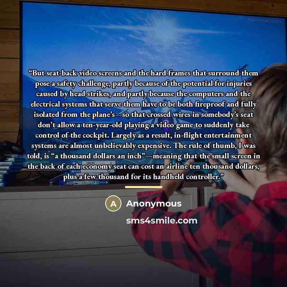 “But seat-back video screens and the hard frames that surround them pose a safety challenge, partly because of the potential for injuries caused by head strikes, and partly because the computers and the electrical systems that serve them have to be both fireproof and fully isolated from the…” quote by Anonymous