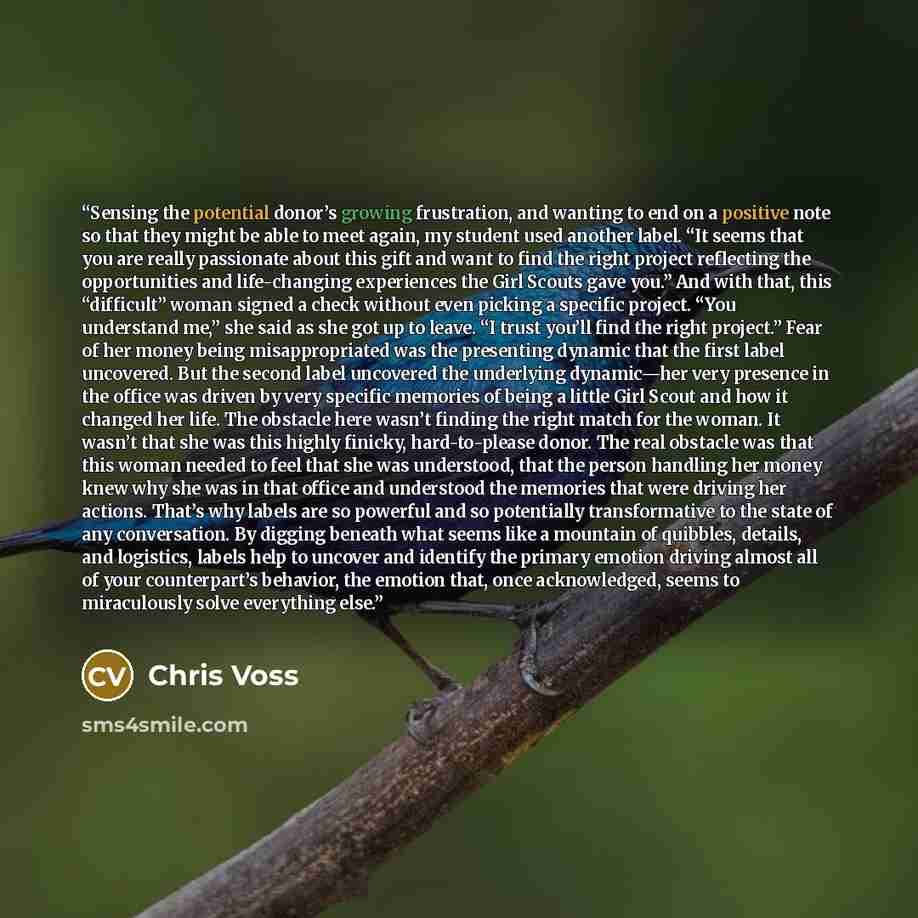 “Sensing the potential donor’s growing frustration, and wanting to end on a positive note so that they might be able to meet again, my student used another label. “It seems that you are really passionate about this gift and want to find the right project reflecting the opportunities and…” quote by Chris Voss