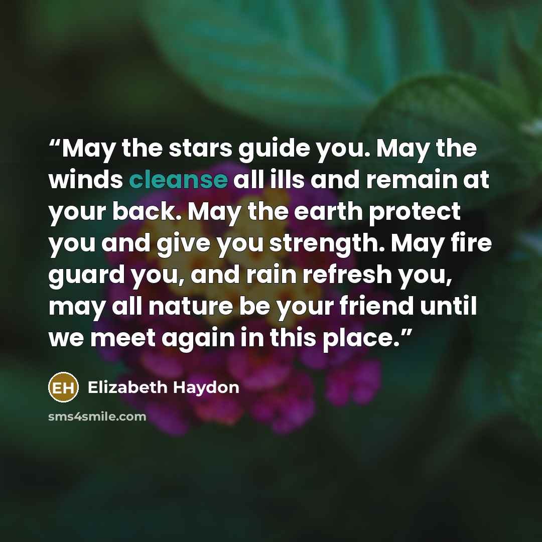 “May the stars guide you. May the winds cleanse all ills and remain at your back. May the earth protect you and give you strength. May fire guard you, and rain refresh you, may all nature be your friend until we meet again in this place.” quote by Elizabeth Haydon