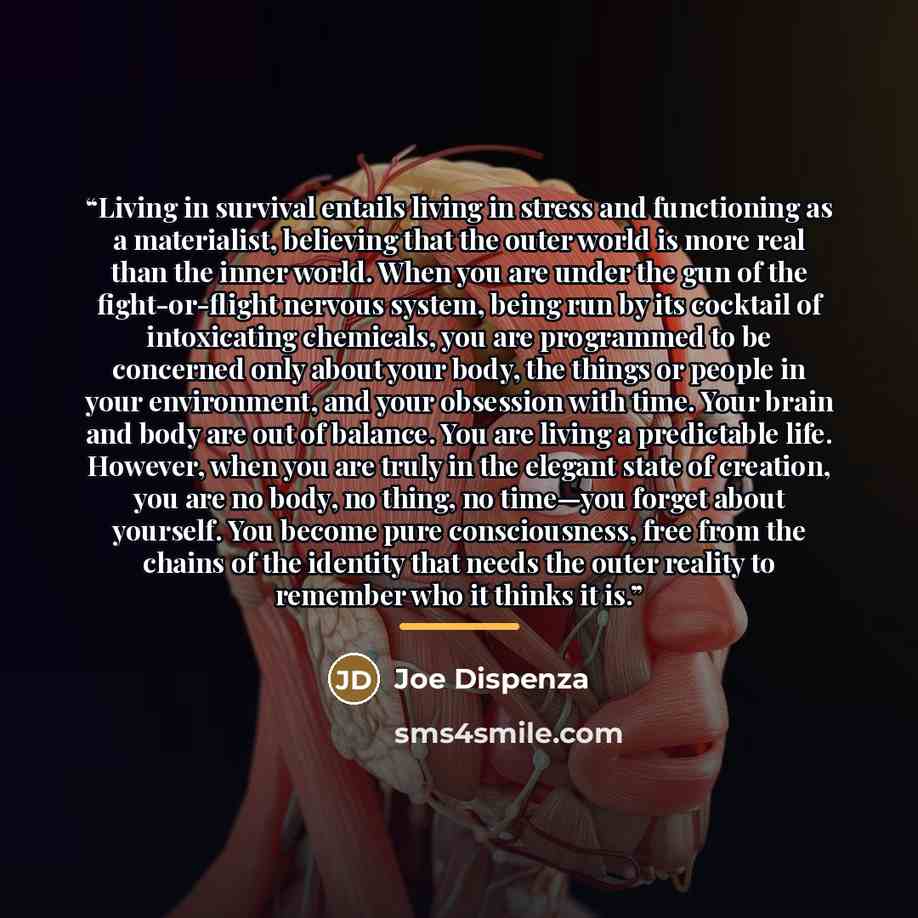 “Living in survival entails living in stress and functioning as a materialist, believing that the outer world is more real than the inner world. When you are under the gun of the fight-or-flight nervous system, being run by its cocktail of intoxicating chemicals, you are programmed to be concerned…” quote by Joe Dispenza