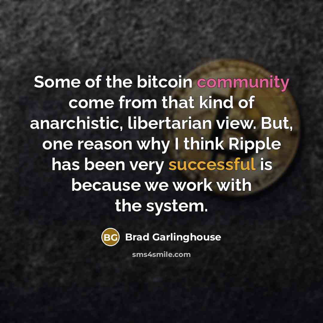 “Some of the bitcoin community come from that kind of anarchistic, libertarian view. But, one reason why I think Ripple has been very successful is because we work with the system.” quote by Brad Garlinghouse