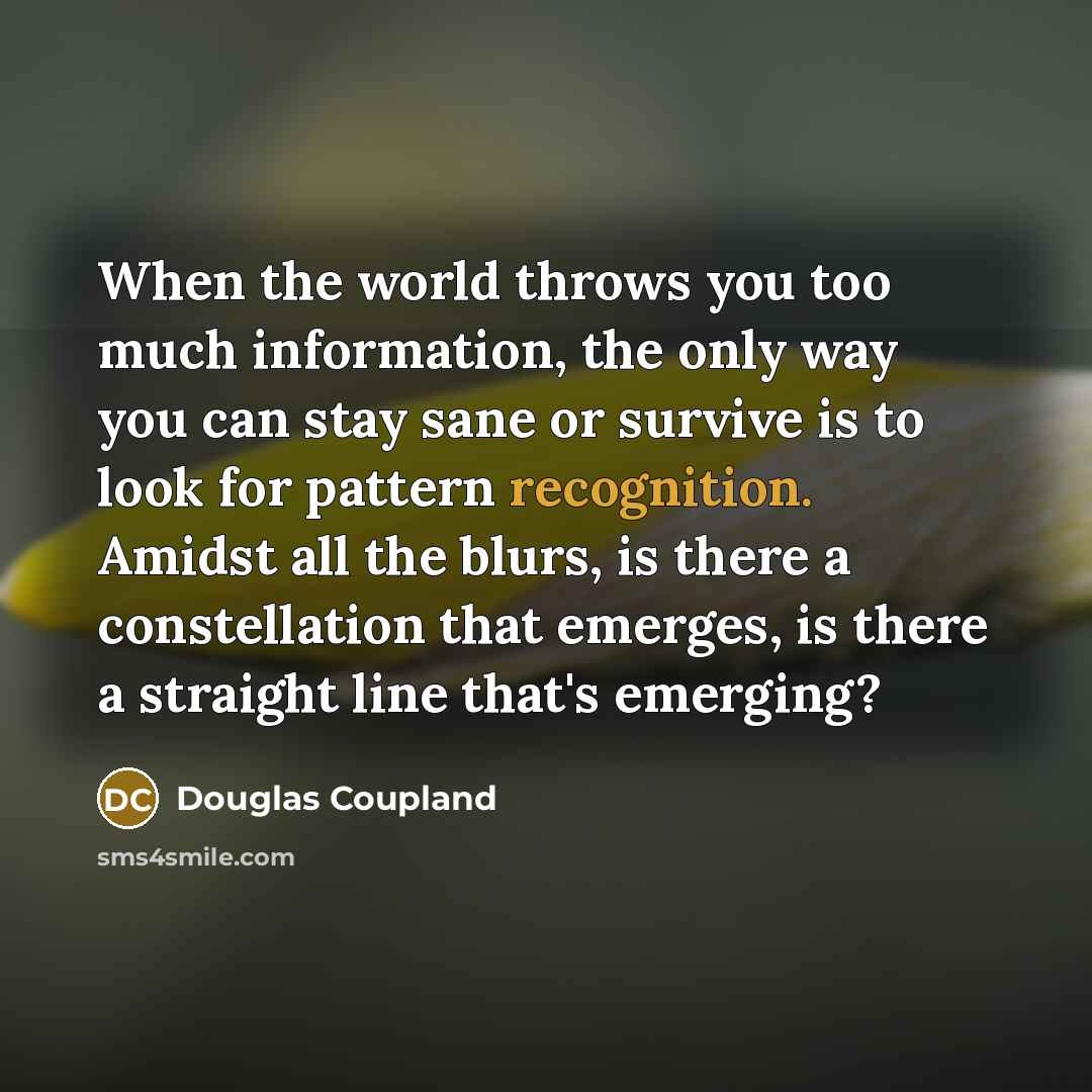 “When the world throws you too much information, the only way you can stay sane or survive is to look for pattern recognition. Amidst all the blurs, is there a constellation that emerges, is there a straight line that's emerging?” quote by Douglas Coupland