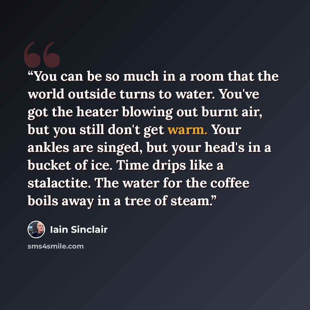 “You can be so much in a room that the world outside turns to water. You've got the heater blowing out burnt air, but you still don't get warm. Your ankles are singed, but your head's in a bucket of ice. Time drips like a stalactite. The water for the coffee boils away in a tree of steam.” quote by Iain Sinclair