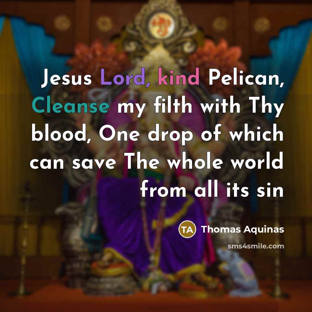 “Jesus Lord, kind Pelican, Cleanse my filth with Thy blood, One drop of which can save The whole world from all its sin” quote by Thomas Aquinas