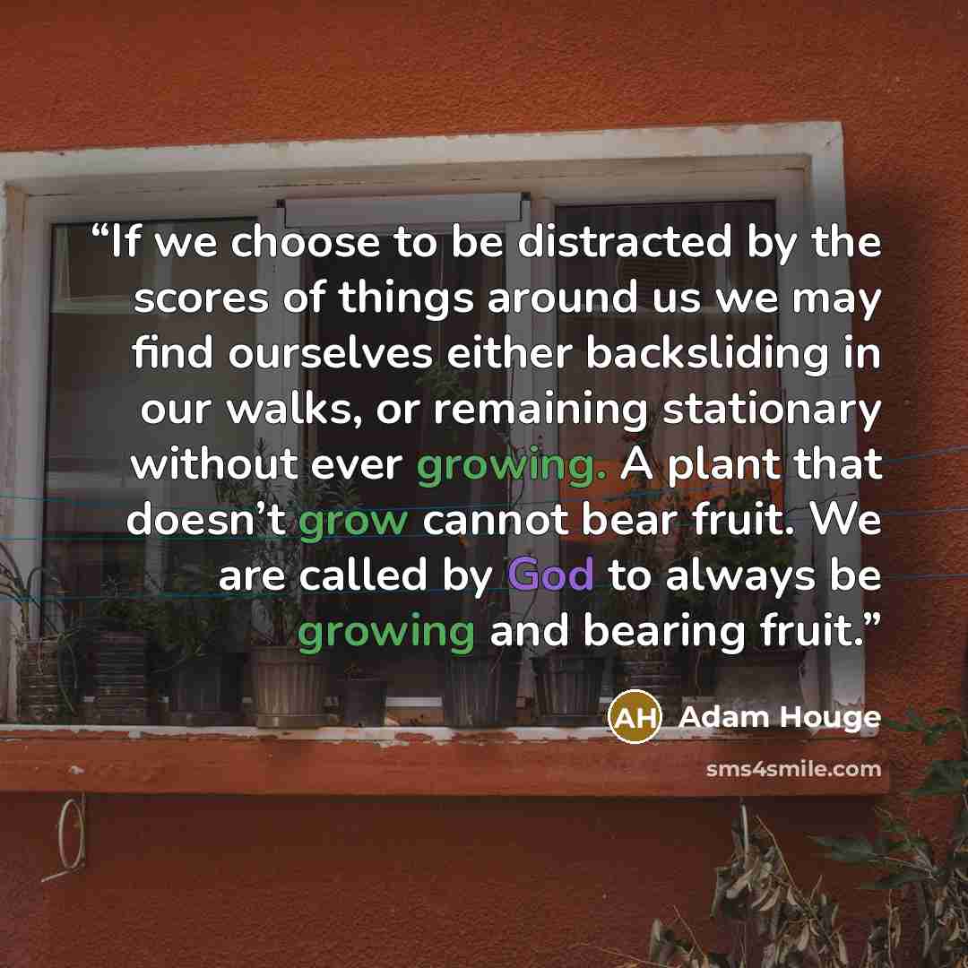 “If we choose to be distracted by the scores of things around us we may find ourselves either backsliding in our walks, or remaining stationary without ever growing. A plant that doesn’t grow cannot bear fruit. We are called by God to always be growing and bearing fruit.” quote by Adam Houge