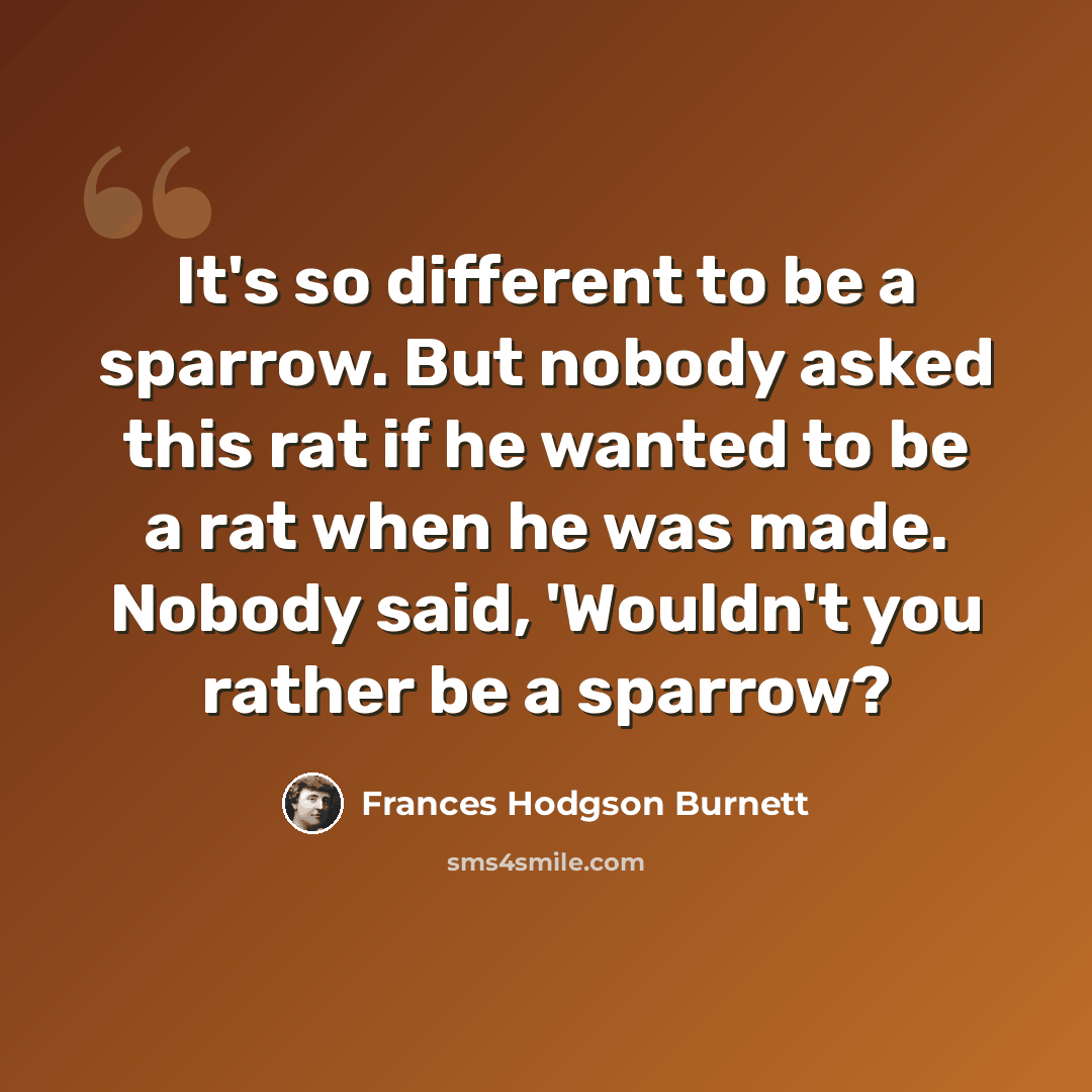“It's so different to be a sparrow. But nobody asked this rat if he wanted to be a rat when he was made. Nobody said, 'Wouldn't you rather be a sparrow?” quote by Frances Hodgson Burnett