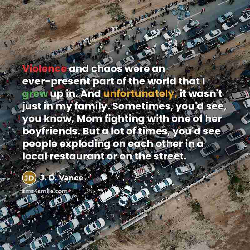 “Violence and chaos were an ever-present part of the world that I grew up in. And unfortunately, it wasn't just in my family. Sometimes, you'd see, you know, Mom fighting with one of her boyfriends. But a lot of times, you'd see people exploding on each other in a local restaurant or on the street.” quote by J. D. Vance