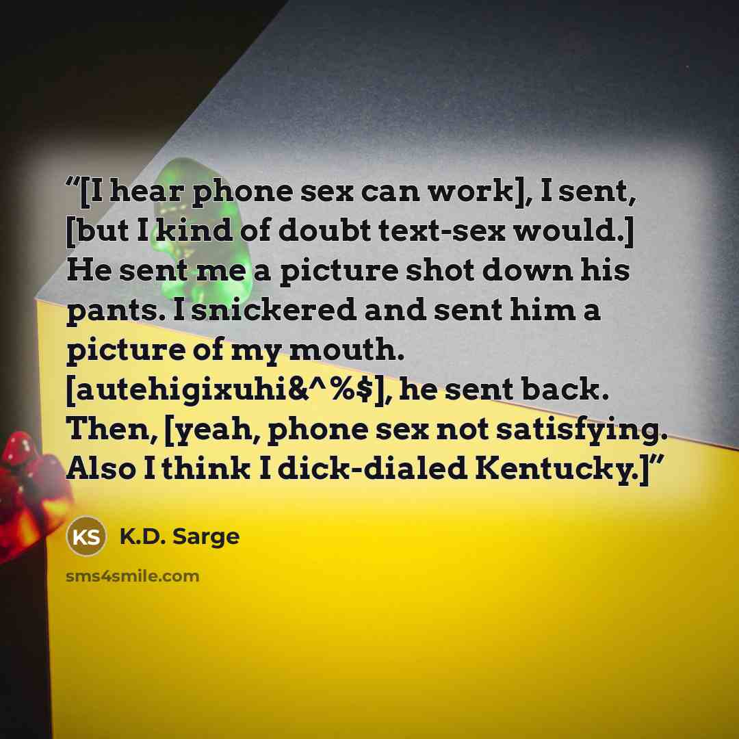 “[I hear phone sex can work], I sent, [but I kind of doubt text-sex would.] He sent me a picture shot down his pants. I snickered and sent him a picture of my mouth. [autehigixuhi&^%$], he sent back. Then, [yeah, phone sex not satisfying. Also I think I dick-dialed Kentucky.]” quote by K.D. Sarge