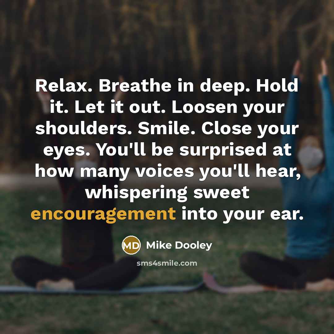 “Relax. Breathe in deep. Hold it. Let it out. Loosen your shoulders. Smile. Close your eyes. You'll be surprised at how many voices you'll hear, whispering sweet encouragement into your ear.” quote by Mike Dooley