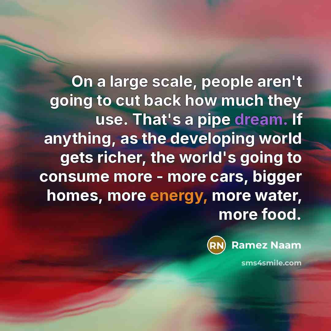 “On a large scale, people aren't going to cut back how much they use. That's a pipe dream. If anything, as the developing world gets richer, the world's going to consume more - more cars, bigger homes, more energy, more water, more food.” quote by Ramez Naam