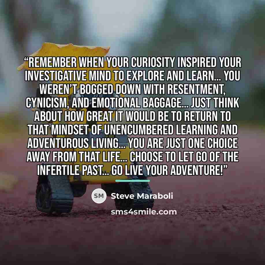 “Remember when your curiosity inspired your investigative mind to explore and learn… you weren’t bogged down with resentment, cynicism, and emotional baggage… just think about how great it would be to return to that mindset of unencumbered learning and adventurous living… you are just one choice…” quote by Steve Maraboli