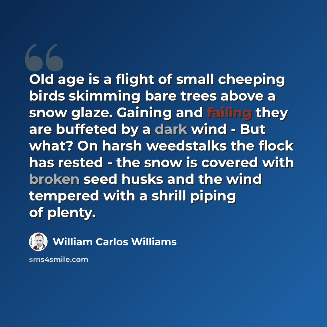 “Old age is a flight of small cheeping birds skimming bare trees above a snow glaze. Gaining and failing they are buffeted by a dark wind - But what? On harsh weedstalks the flock has rested - the snow is covered with broken seed husks and the wind tempered with a shrill piping of plenty.” quote by William Carlos Williams