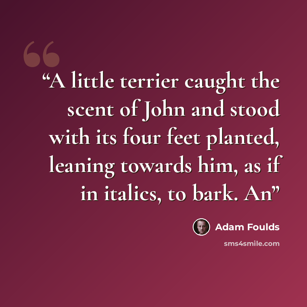 “A little terrier caught the scent of John and stood with its four feet planted, leaning towards him, as if in italics, to bark. An” quote by Adam Foulds